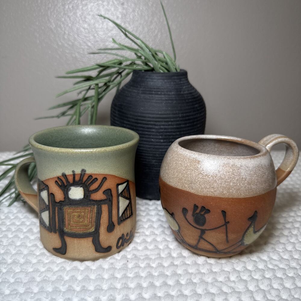 Vintage Chile Pottery Mugs Carlota Folk Art Hand Painted Set of 2 Earthy Tones